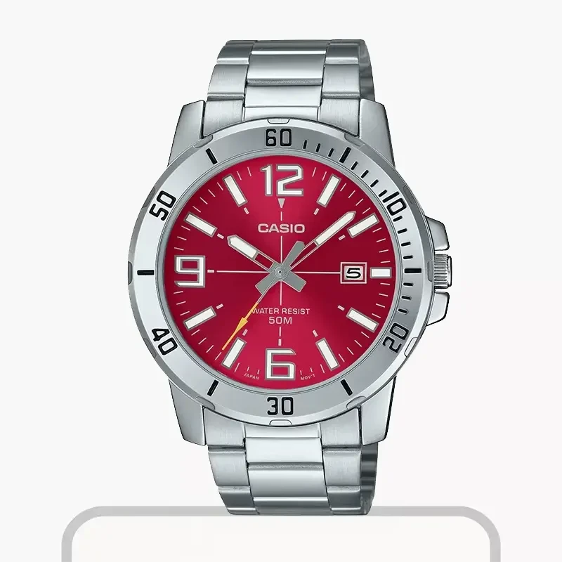 Casio Enticer Red Dial Silver Band Men's Watch- MTP-VD01D-4BV